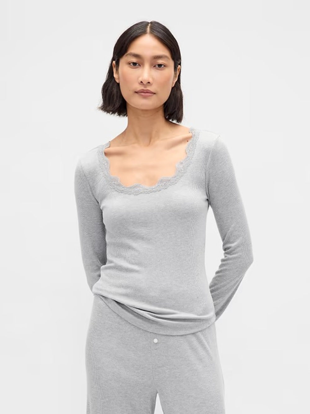 Gap Body Gray Ribbed Lace Trim Pajama Top Long Sleeve NWT